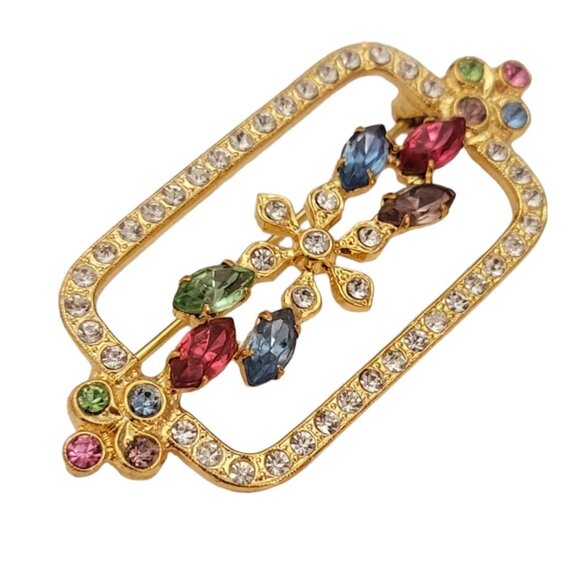 Czech Gold Tone Vintage Rhinestone Flower Square Rectangle Open Brooch Pin E774 - Picture 3 of 9